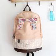 Fashion Backpack With Red Floral Bow & Lace-Light Pink