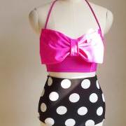 Hot Pink Bow Sexy And Fashionable Beach Bikini Swimwear Swimsuit Retro Highwaisted Swimsuit