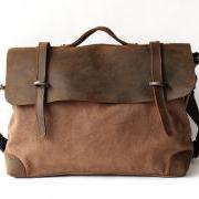 Retro cowhide leather canvas casual shoulder cross body laptop bag shoulder messenger bag portfolio