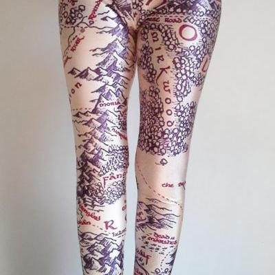 Map Leggings- Printed Leggings- Leggings- Pants- Tights-