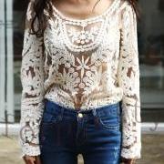 Semi Sheer See Through Sleeve Embroidery Floral Lace Crochet T -Shirt