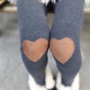 Red heart patched leggings, tights in grey